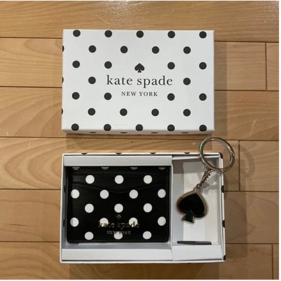 kate spade Cheers Boxed Card Holder and keychain black white polka dot nwt - Picture 5 of 7